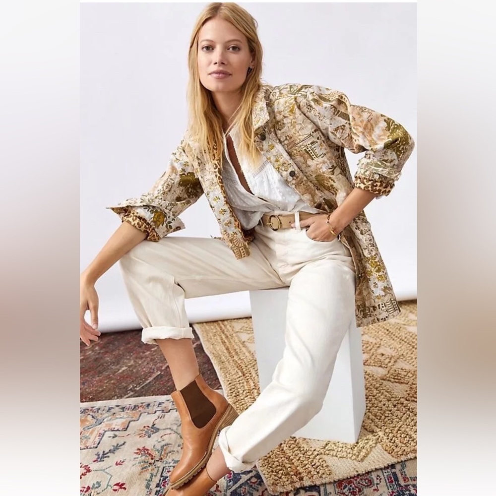 Anthropologie Pilcro The Fielder Denim Shirt Jacket Beige Floral Boho Leopard
